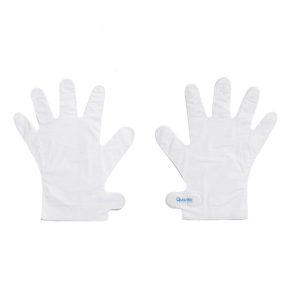 Guantes desechables blancos de látex para protección médica y sanitaria.